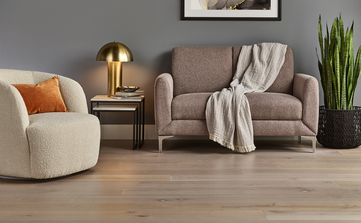 Hardwood living room with grey walls, orange pillow 