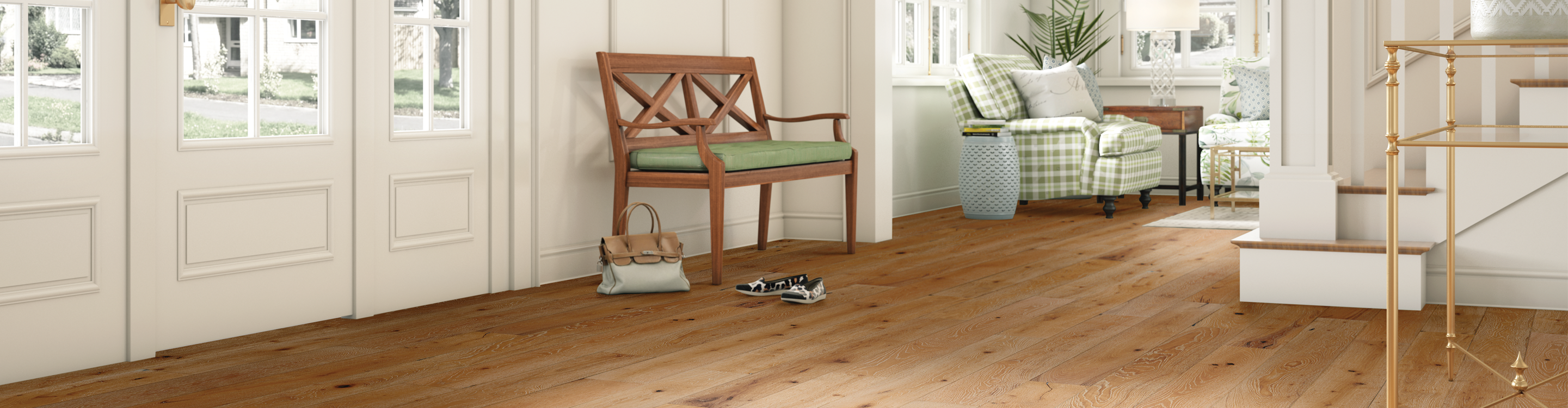 medium toned hardwood with natural knots in entryway and living room