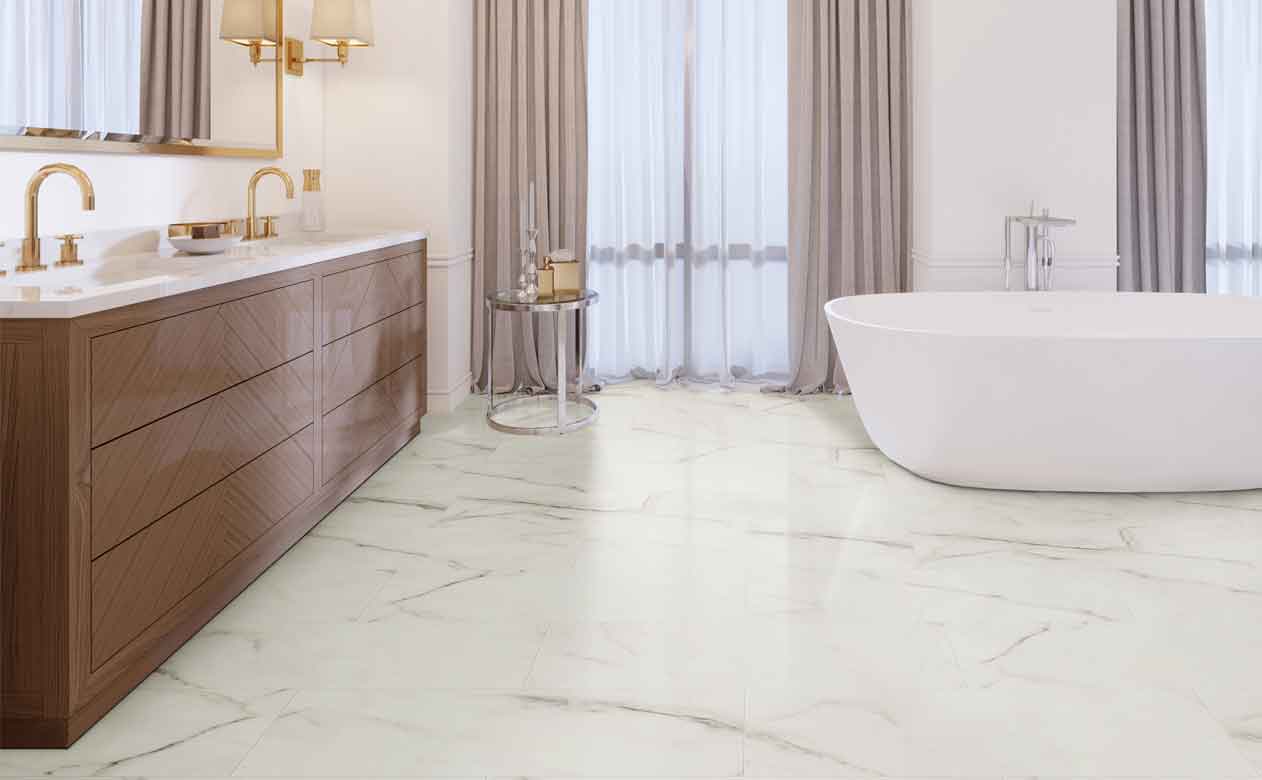 Stone look vinyl flooring in bathroom with bathtub and sink